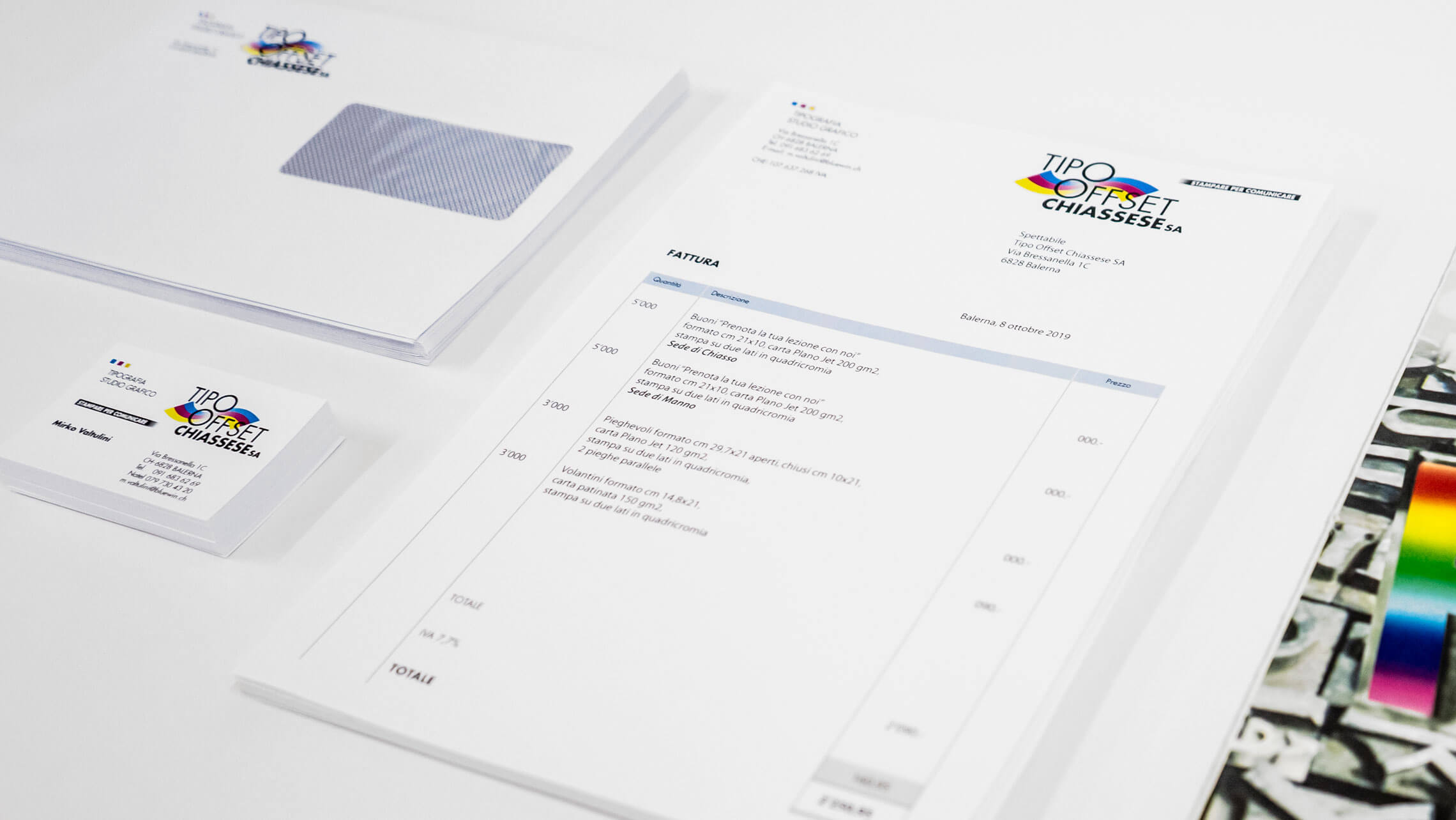 Immagine coordinata aziendale stampata — biglietti, carta intestata e buste coordinate da Tipo Offset Chiassese